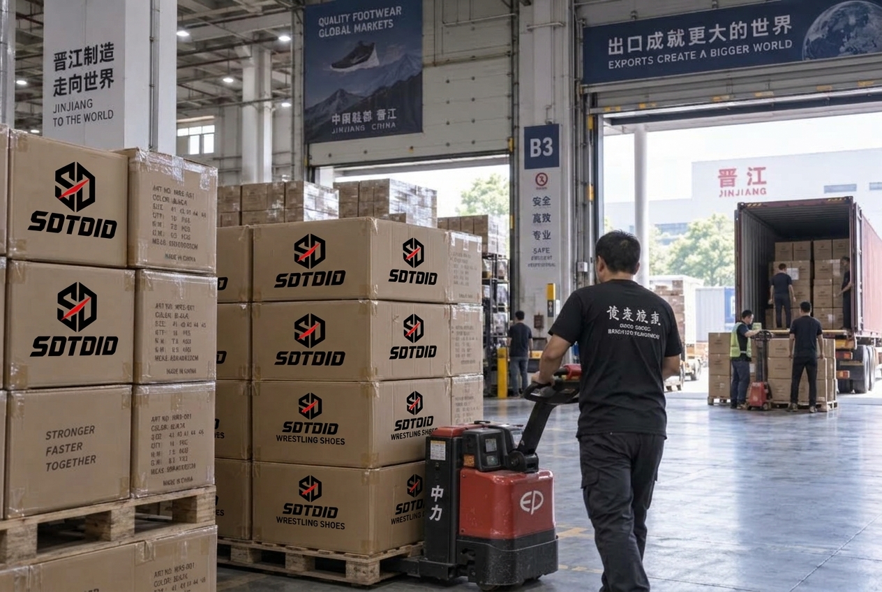 SDTDID export warehouse loading wrestling shoes into containers for global shipment